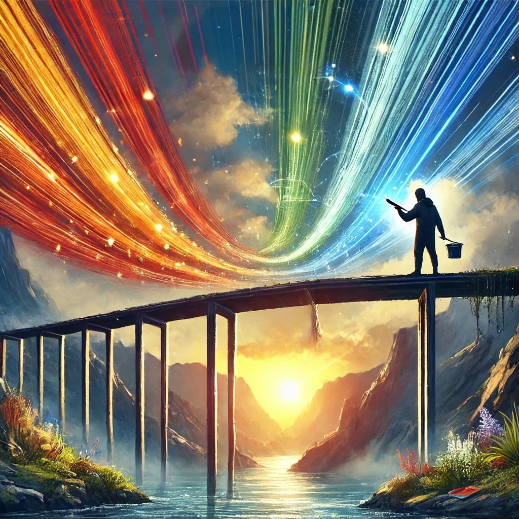 Arte digital moderna mostrando uma pessoa pintando uma ponte brilhante sobre um desfiladeiro, com pinceladas coloridas simbolizando paixão, estrutura da ponte representando hábitos e luz inspiradora no horizonte, simbolizando sucesso.