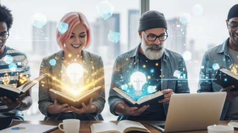 Grupo-diverso-de-empreendedores-lendo-melhores-livros-de-empreendedorismo-em-ambiente-de-trabalho