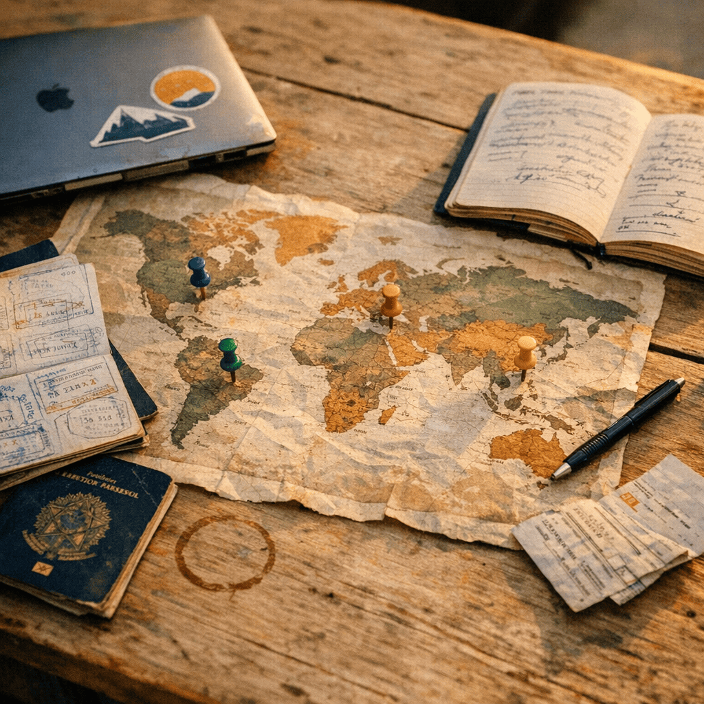 Mapa com destinos marcados representando a liberdade geográfica do nômade digital