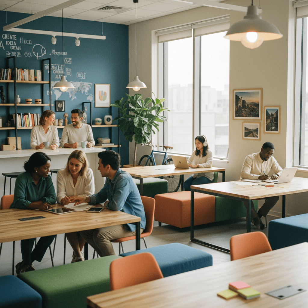 Espaço de coworking com nômades digitais de diferentes culturas trabalhando juntos"