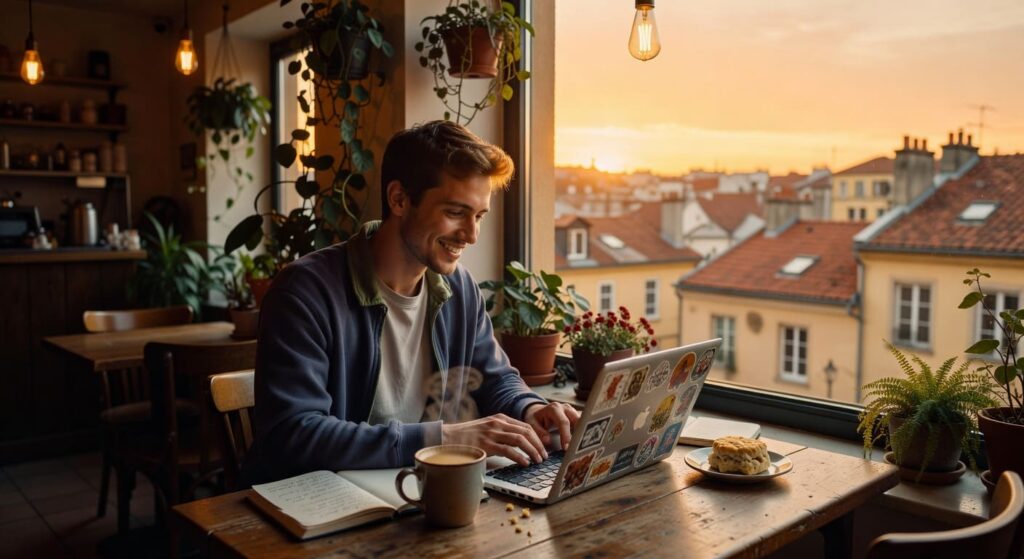 Nômade digital trabalhando em café com vista para cidade estrangeira