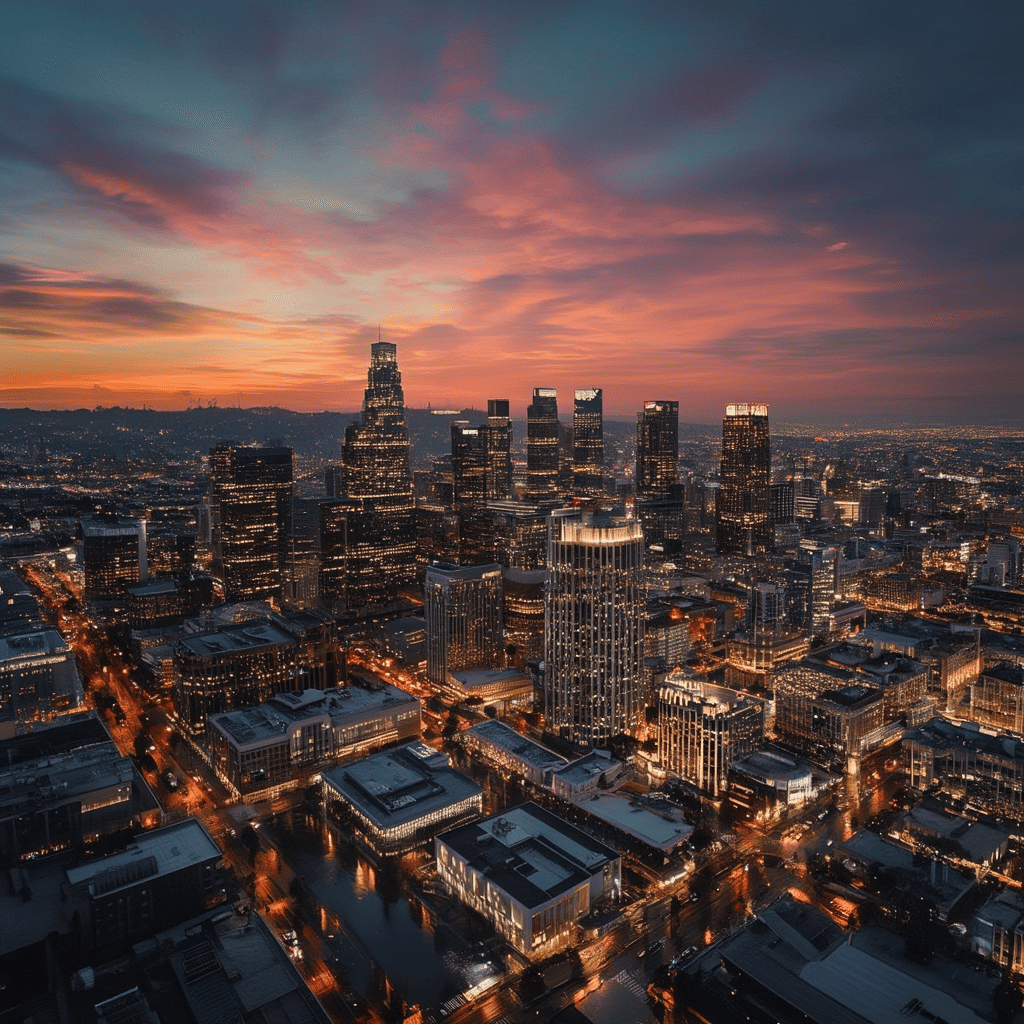Skyline de Los Angeles ou Miami ao entardecer &mdash; vista a&eacute;rea, sem pessoas
Uma vista a&eacute;rea dram&aacute;tica de uma das cidades-sede (LA, Miami, NYC) com luzes urbanas ao entardecer.